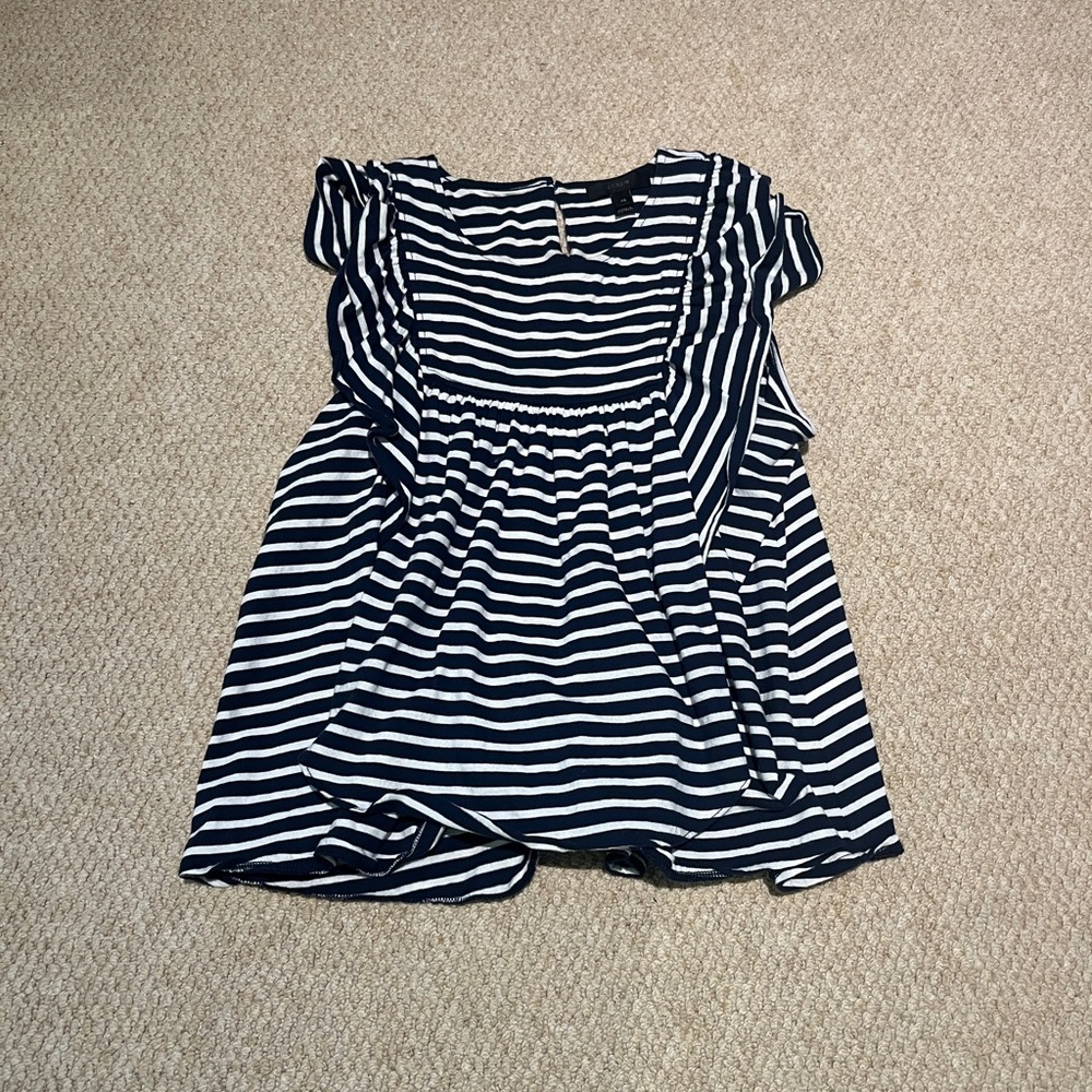 J. Crew Women’s Navy and White Striped Top with Ruffles Size XS